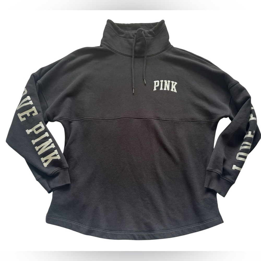 PINK Victoria's Secret Black Varsity Cowl Oversized Logo Sweatshirt Size Medium - Picture 9 of 9
